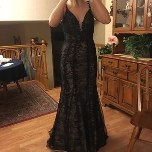 Black Lace Prom Dress. Underlay is tan.